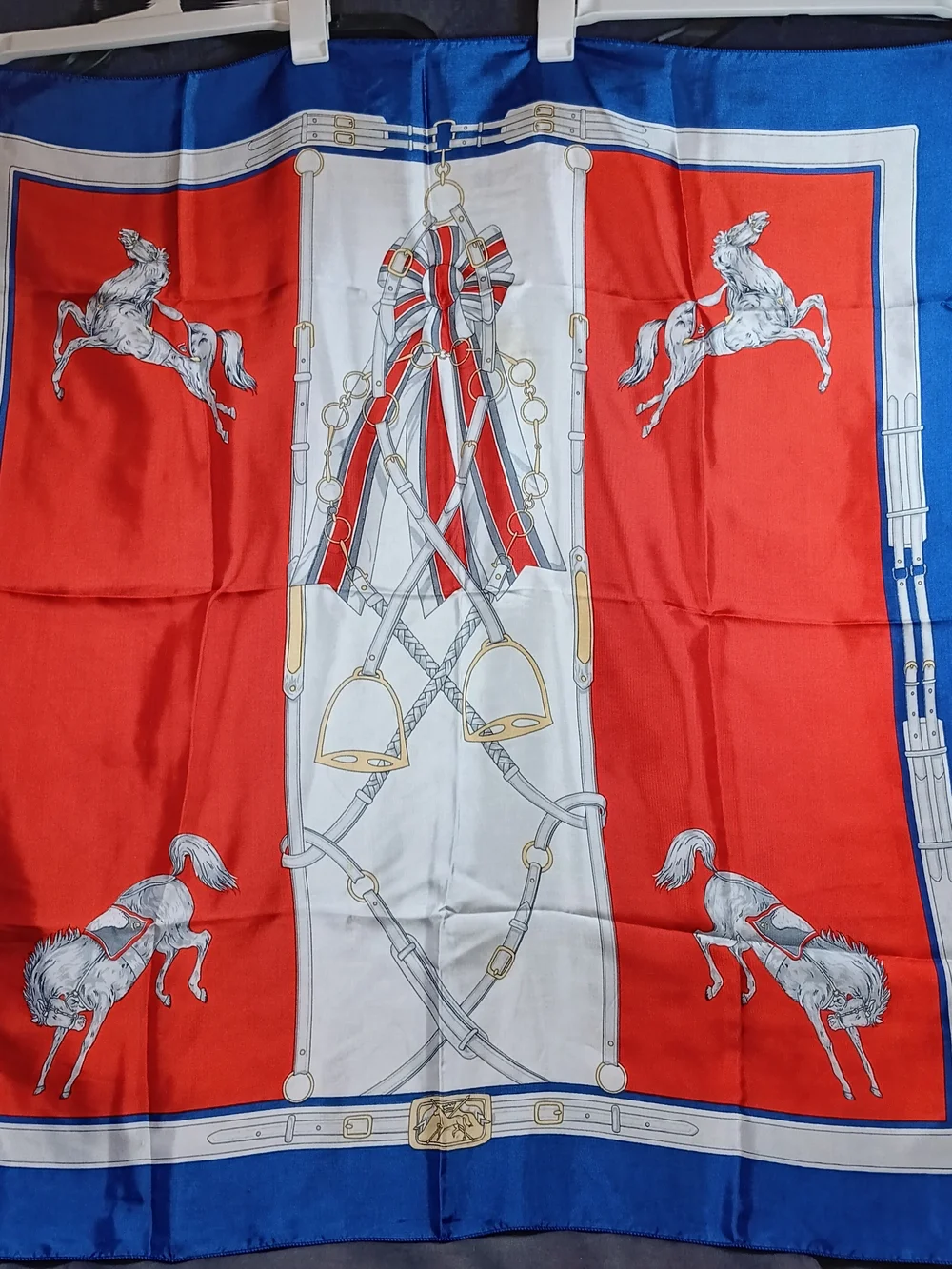Equestrian Print Silkfeel Scarf in Red, Blue & White